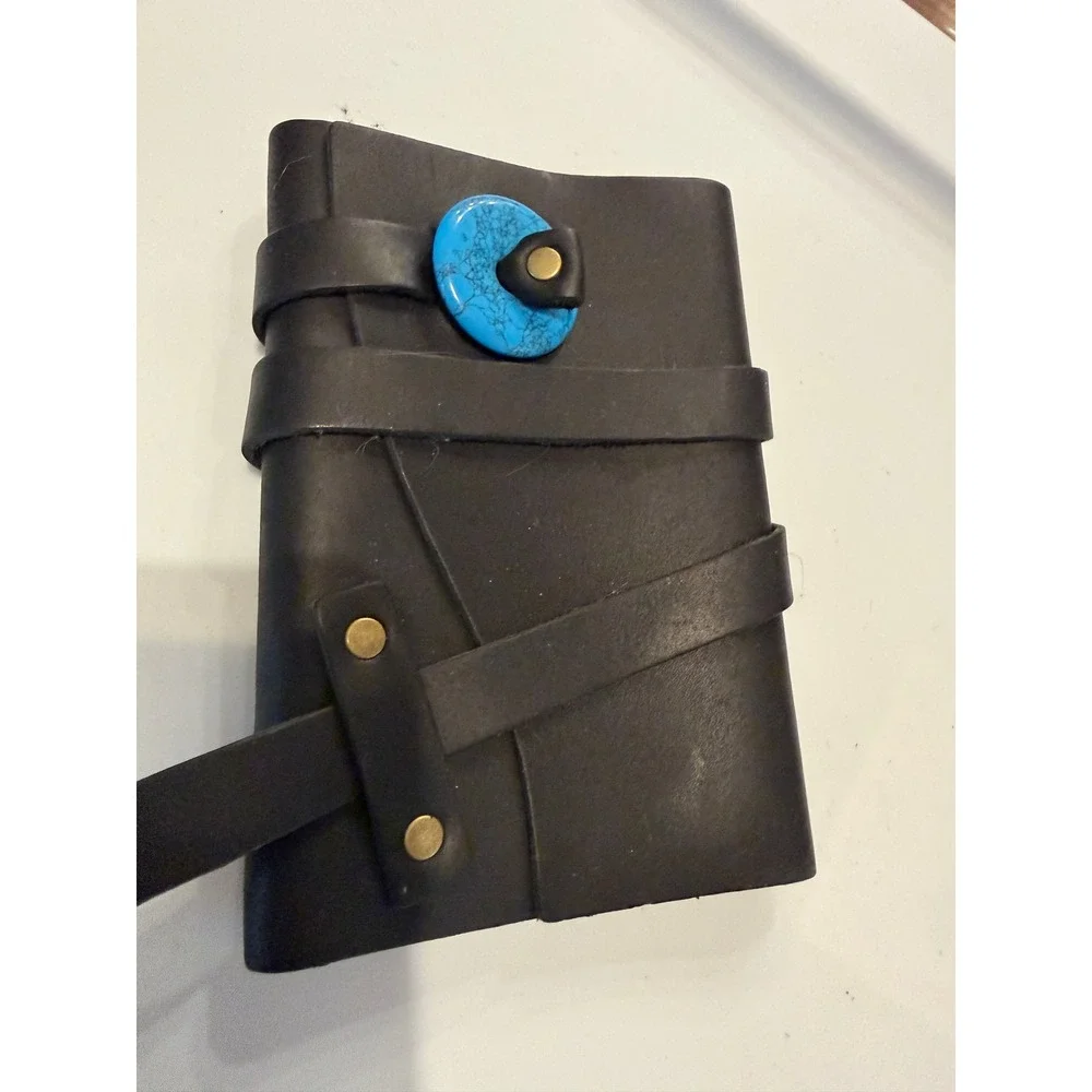 Portland Leather Goods Black Leather Wrap Journal Turquoise Stone Button Accent